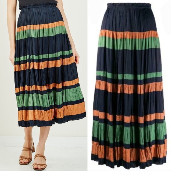 Ulla Johnson Avelina Striped Colorblock Midi Skirt Size 10 Navy Multi